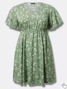 Torrid Size 1 (US 1X) V-Neck Elastic Waist Mini Dress Short Sleeve Green + White